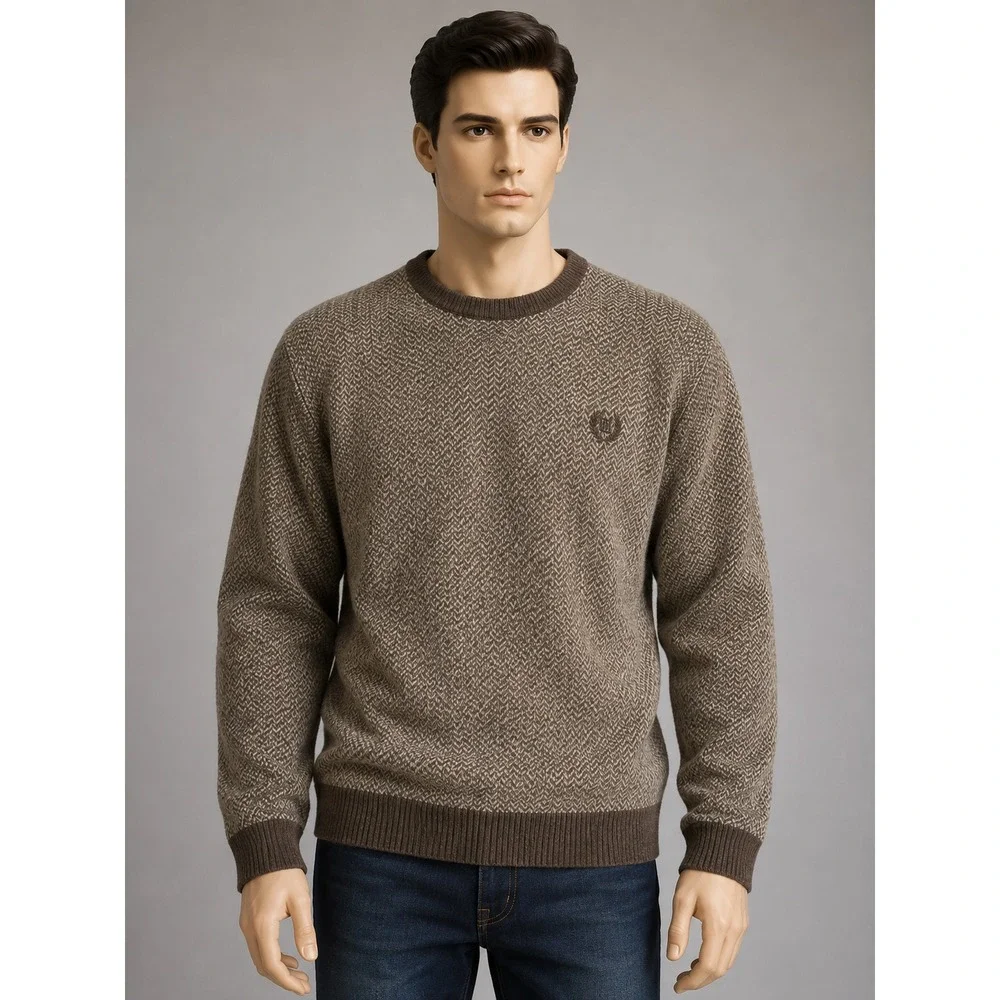 Chaps Ralph Lauren Vintage Lambswool Herringbone Sweater Brown Mens Large L